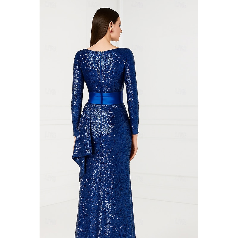 Blue Black Sheath / Column Evening Gown Elegant Formal Dress Formal Wedding Floor Length Long Sleeve Crew Neck Capes Sequined with Glitter Ruffles 20252