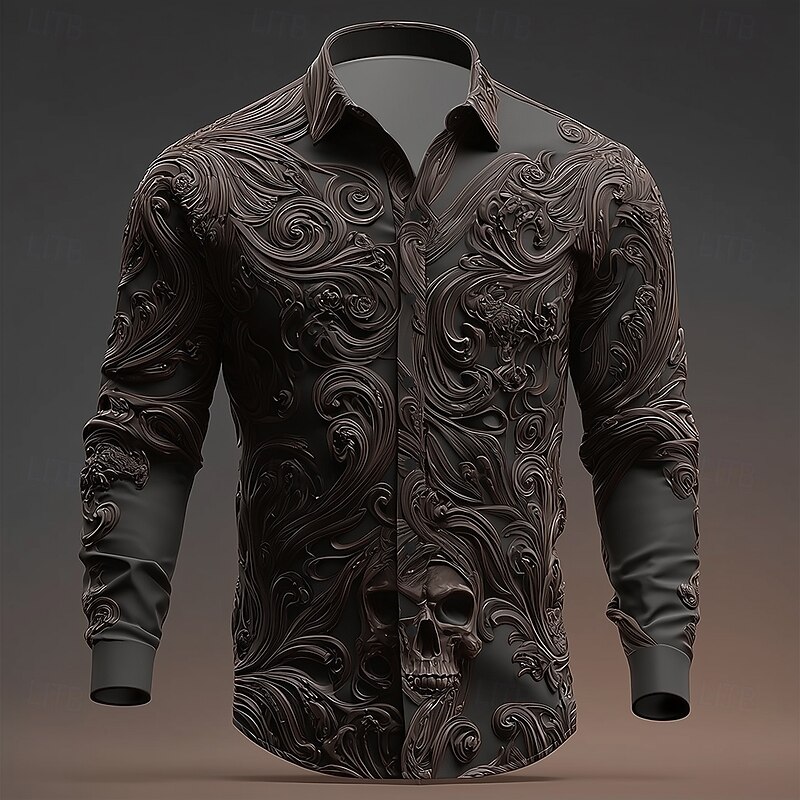 Halloween Men's Texture 3D Swirl Intricate Floral Shirt Button Up Shirt Long Sleeve Vintage Retro Dark Gothic Style Outdoor Holiday Spring Fall Turndown 3D Print Collared Shirts Burgundy Purple Brown3