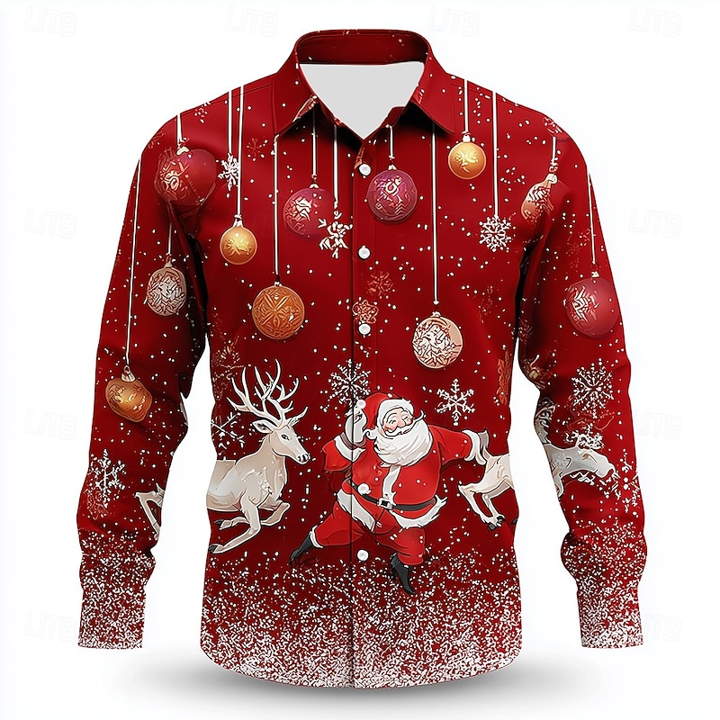 Christmas Men's Santa Claus Reindeer Christmas Baubles Shirt Button Up Shirt Long Sleeve Funny Outdoor Holiday Spring Fall Turndown 3D Print Collared Shirts Red 1 Red 4 Red 3 Red Red 2