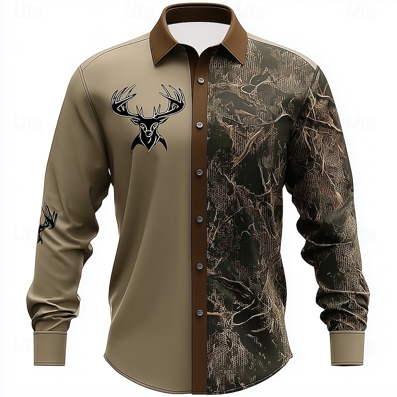 Men's Camo Reindeer Camouflage Shirt Button Up Shirt Long Sleeve Vintage Retro Outdoor Camping & Hiking Hunting Spring Fall Turndown 3D Print Collared Shirts Camouflage khaki Camouflage2