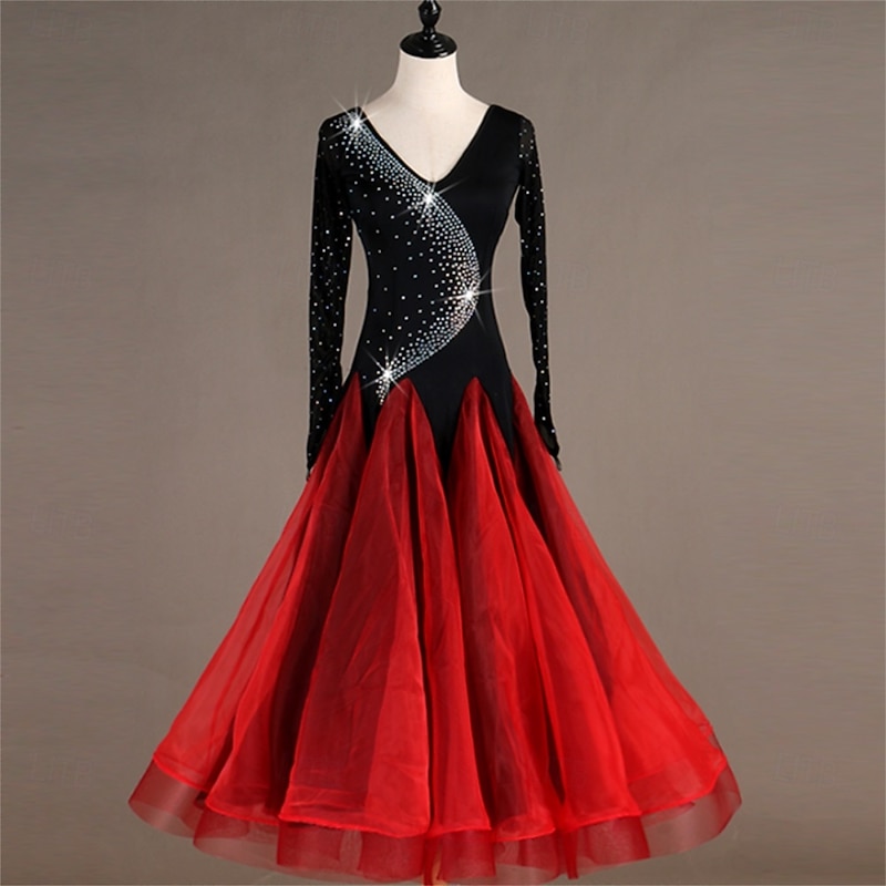 Women's Black and Red Ballroom Dance Dress with Rhinestone Detailing, Long Sleeves, and Full Tulle Skirt – Perfect for Latin, Waltz, and Performance Wear