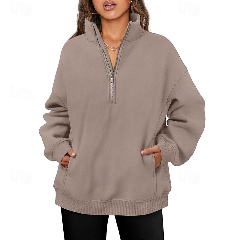 Women's Pullover Sweatshirts Zip Up Sweatshirts Plain Sports Fashion Casual Long Sleeve High Neck Regular Tops Street Dailywear Going out Half Zipper Quarter Zipper Zipper Brown Fall Winter