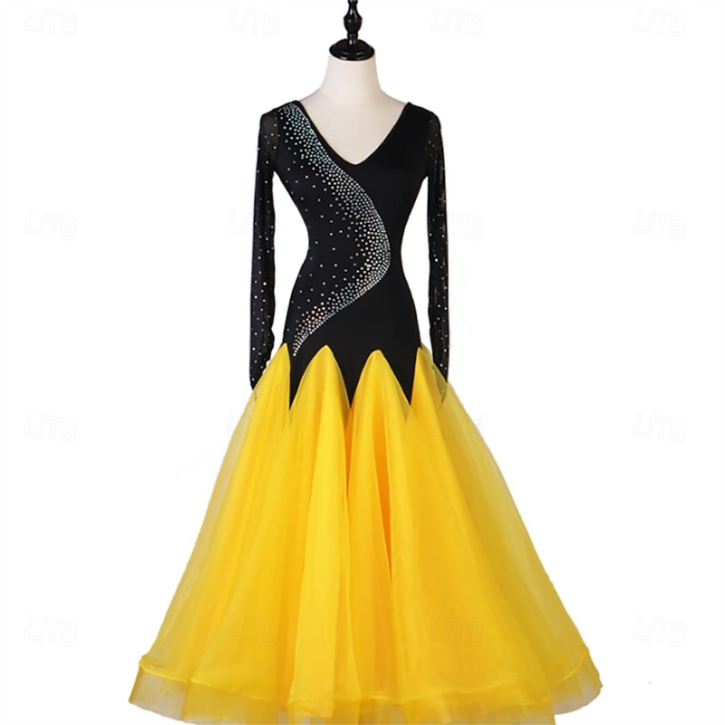 Women's Black and Red Ballroom Dance Dress with Rhinestone Detailing, Long Sleeves, and Full Tulle Skirt – Perfect for Latin, Waltz, and Performance Wear3