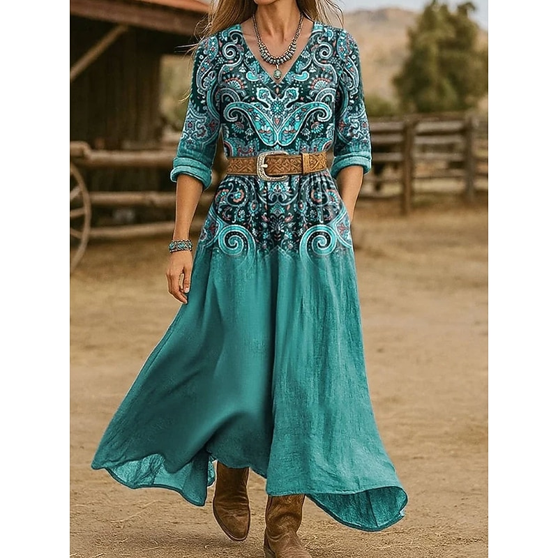 Women's Midi Dress A Line Dress Vacation Casual Boho Regular Fit Graphic Paisley 3/4 Length Sleeve V Neck Blue Khaki Spring Fall2