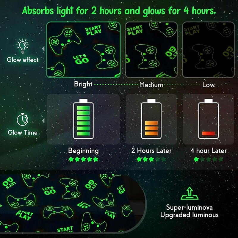 Glow in The Dark Gaming Blanket Gamer Game Controller Throw Gift Toys for Boys Adults Men Women Gamepad Presents Birthday Halloween Christmas Bedroom Decor Luminous Blanket Grey2