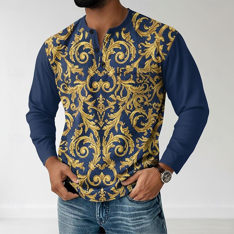 Men's Graphic Paisley Henley Shirt T shirt Tee Long Sleeve Retro Vintage Casual Casual Spring Fall All Seasons Black White Blue Orange Henley Henley T-Shirt