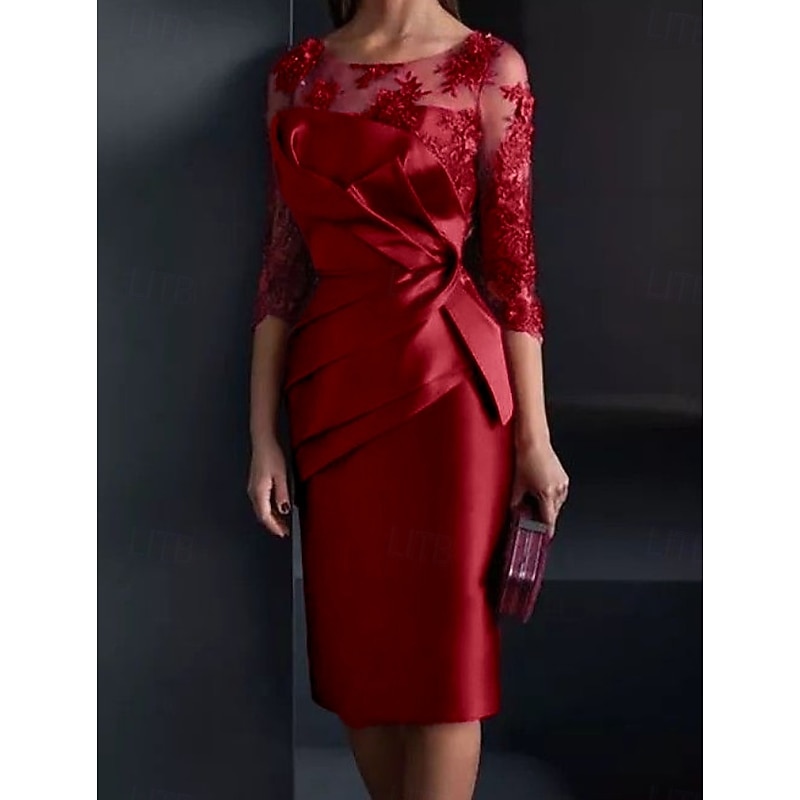 Sheath Mother of the Bride Dress Wedding Guest Elegant Illusion Neck Knee Length Satin Lace 3/4 Length Sleeve with Appliques Ruching