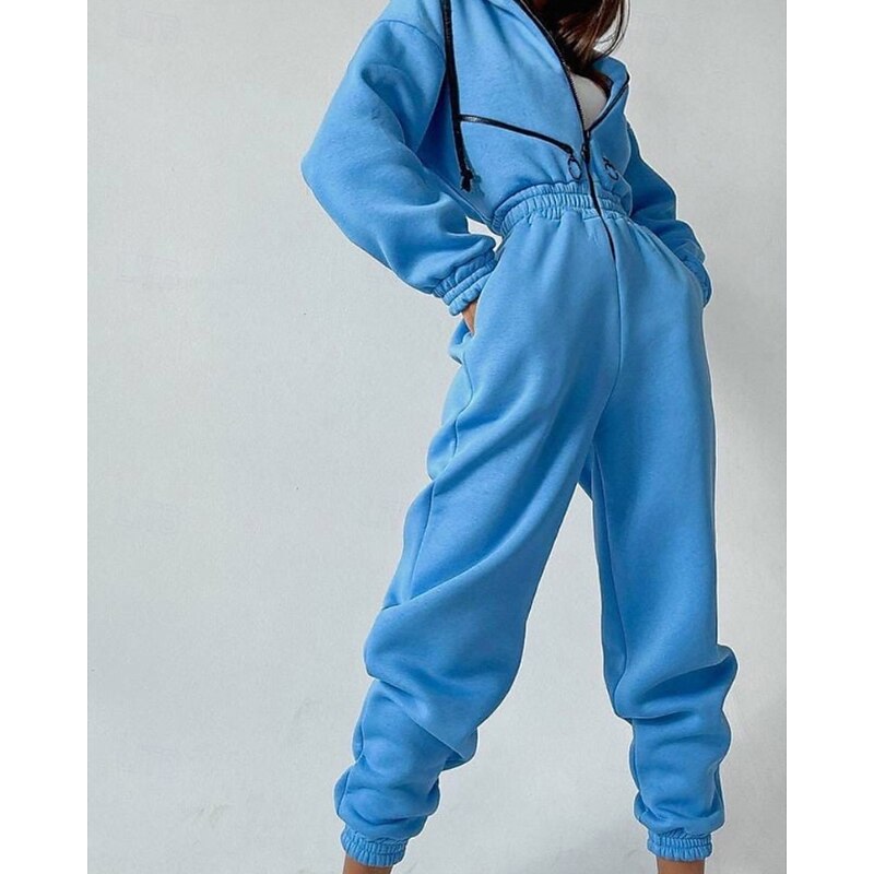 Women's Normal Jumpsuit Streetwear Color Block Long Sleeve Hooded Patchwork Zipper Street Daily Regular Fit White Pink Blue Fall3