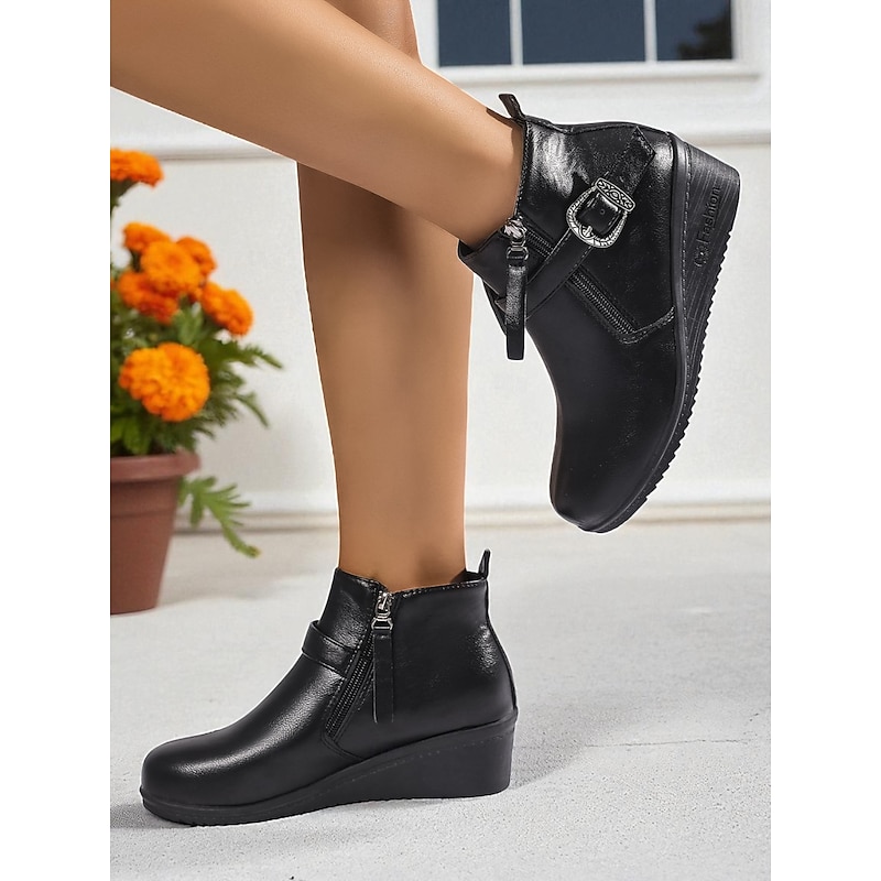 Women's Brown Faux Leather Ankle Boots with Side Zipper – Comfortable Wedge Heel Short Boots for Work and Casual Walking