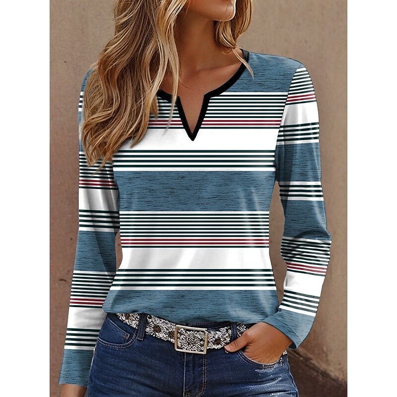Women's T Shirt Graphic Striped Vintage Stylish Classic Long Sleeve Notched Neck Regular Tops Daily Weekend Print Blue Purple Brown Green Spring Fall Winter