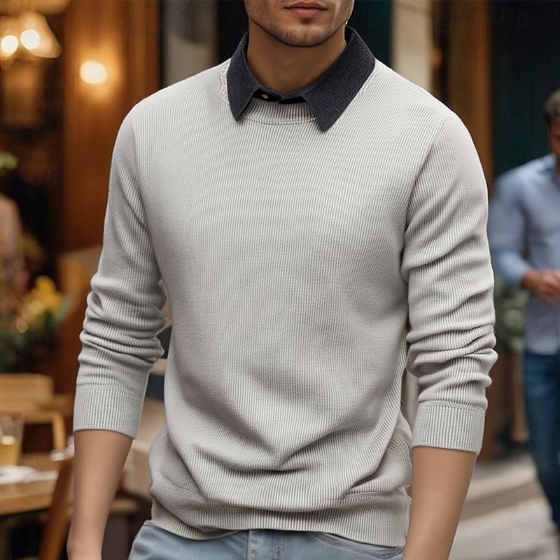 Men's Pullover Sweater Jumper Knit Sweater Ribbed Knit Regular Tops 2 in 1 Knitted Color Block Lapel Fashion Basic Vacation Daily Wear Clothing Apparel Fall Winter Black Dark Gray S M L