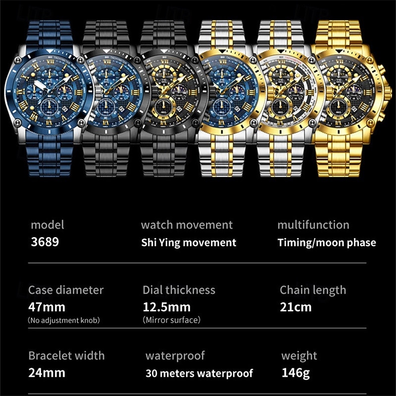 The New Olevs Men'S Steel Band Business Watch Moon Phase Luminous Calendar Chronograph 24-Hour Indication Quartz Watch Is A Fashionable Casual And Versatile Waterproof Sports Wristwatch4