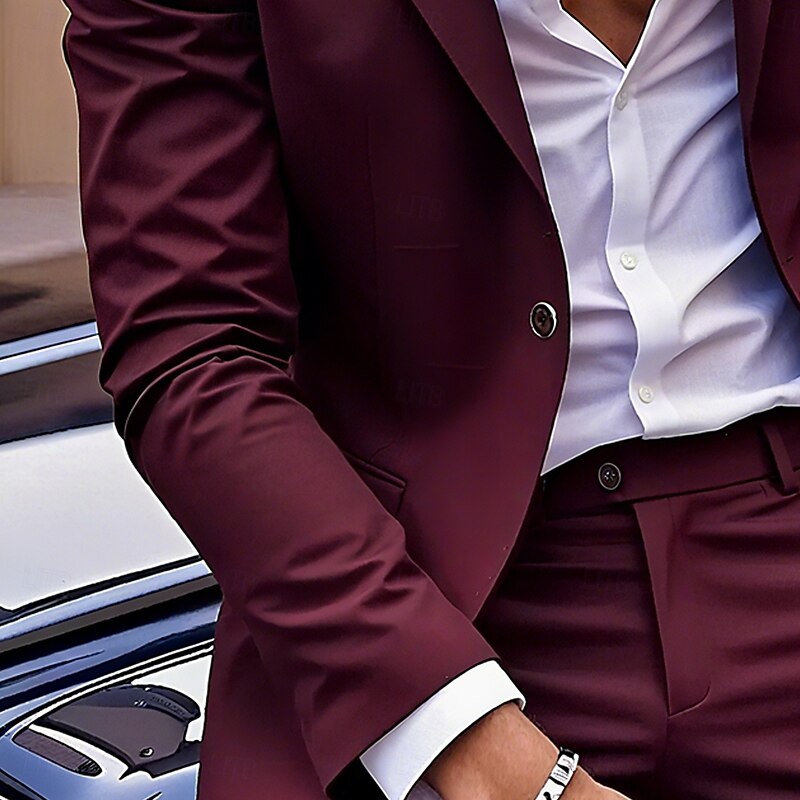 Men's Wedding Wedding Suits Notch Lapel Burgundy Formal Solid Colored Slim Fit 2 Piece3