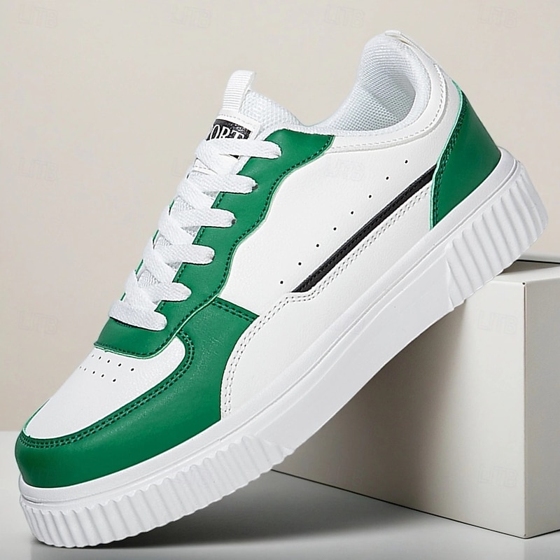 Men's White and Green Casual Sneakers – Classic Low Top Lace-Up Sport Shoes for Walking, College and Everyday Wear