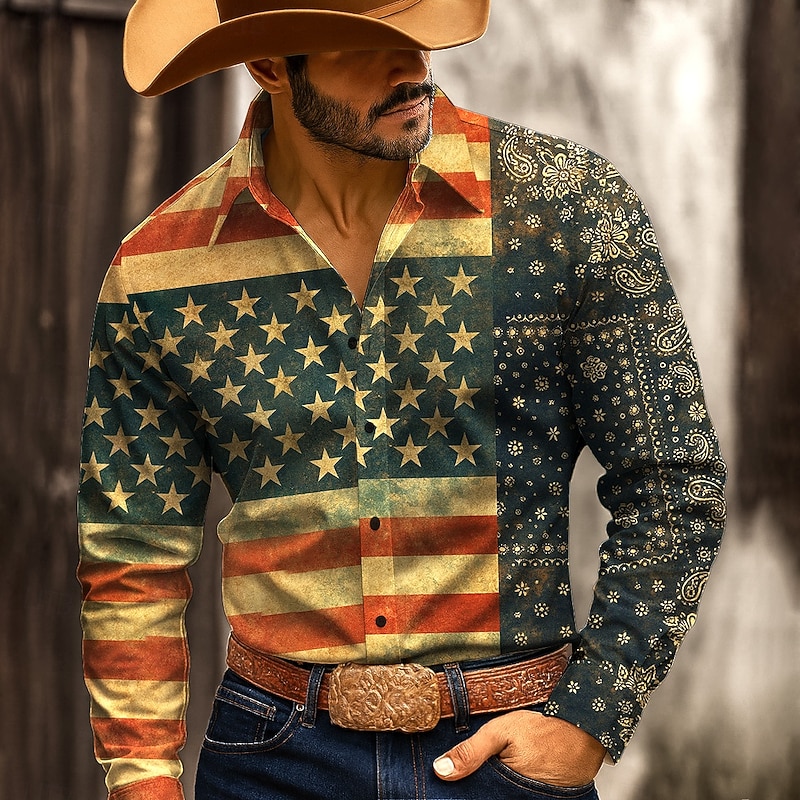 Men's American US Flag Patriotic Shirt Western Shirt Cowboy Shirt Long Sleeve Vintage Retro Outdoor WorkWear Hunting Spring Fall Turndown 3D Print Button Up Shirts Orange yellow Blue