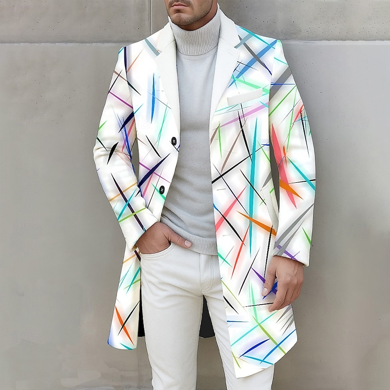 Men's Geometric Line Overcoat Coat Thermal Warm Comfortable Casual Business Daily 3D Print Buttons Front Pocket Spring Fall Winter Notch Long Sleeve Black White