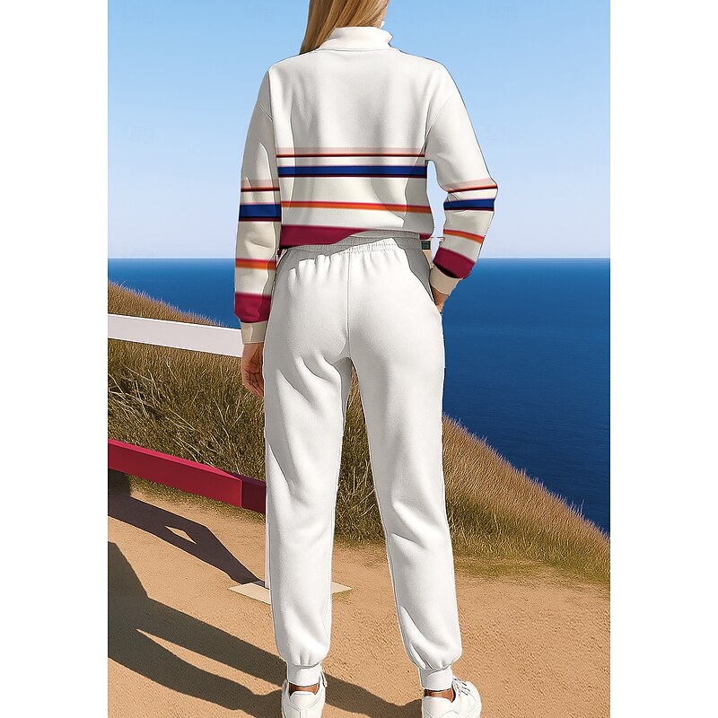 Women's Sweatshirt Tracksuit Sweatsuit Drawstring Zipper Geometric Jacket and Sweatpants Athletic Clothing Set Spring White Casual Workout Outdoor Soft Baggy Long Sleeve Sport Activewear Micro-elastic2