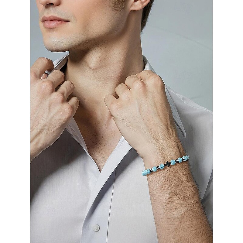Men's Natural Stone Beaded Bracelet with Cross Charm, Adjustable Stretch Wristband, Spiritual Jewelry for Christmas Gift, Parties and Daily Wear3