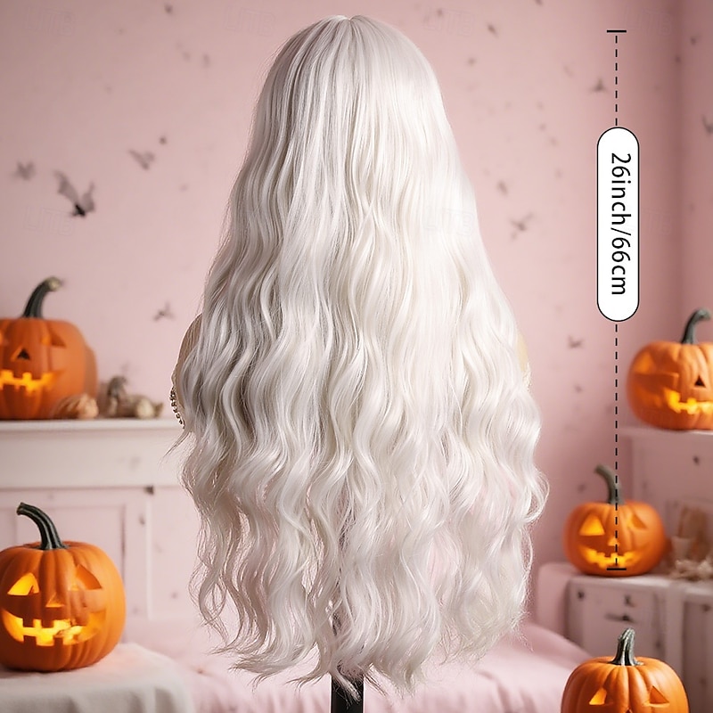 Synthetic Wig Body Wave Wavy Middle Part Neat Bang Wig 26 inch White Synthetic Hair 26 inch Women's Soft Comfy White4