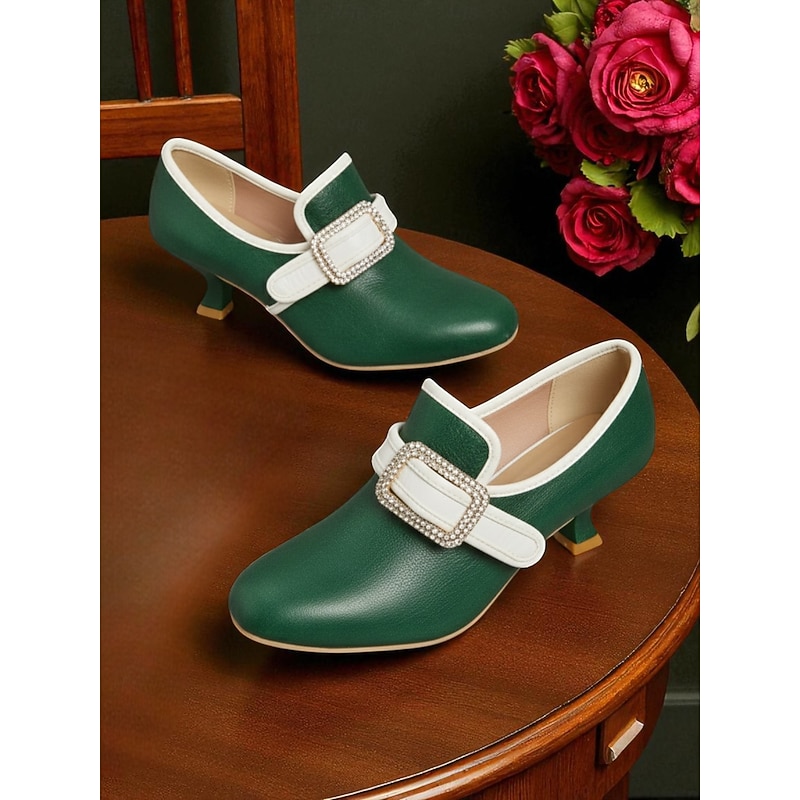 Women's Green 1920s Vintage Low Heel Pumps with Rhinestone Buckle – Retro Edwardian Style Dress Shoes for Gatsby Parties, Cosplay, and Formal Occasions