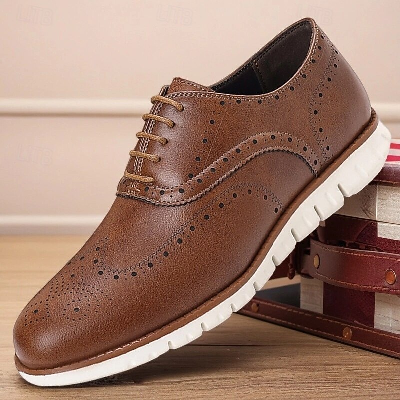 Men's Brown Faux Leather Oxford Shoes – Breathable Lace-Up Dress Shoes with Perforated Detailing for Office and Formal Events