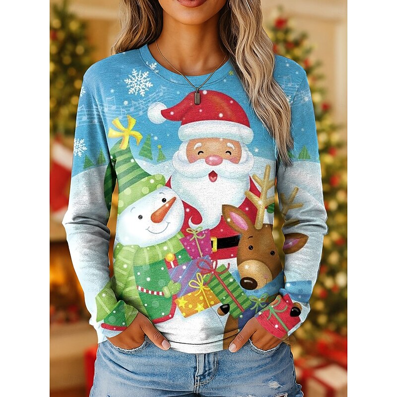 Christmas Women's T Shirt Graphic Santa Claus Vintage Fashion Stylish Long Sleeve Crew Neck Regular Tops Daily Weekend Print White Blue Green Gray Spring Fall Winter4