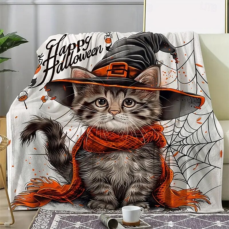 Halloween Fleece Throw Blanket for Couch Witch Cat Cute 3D Party Sofa Bed Decorative Warm Blanket Home Decor2