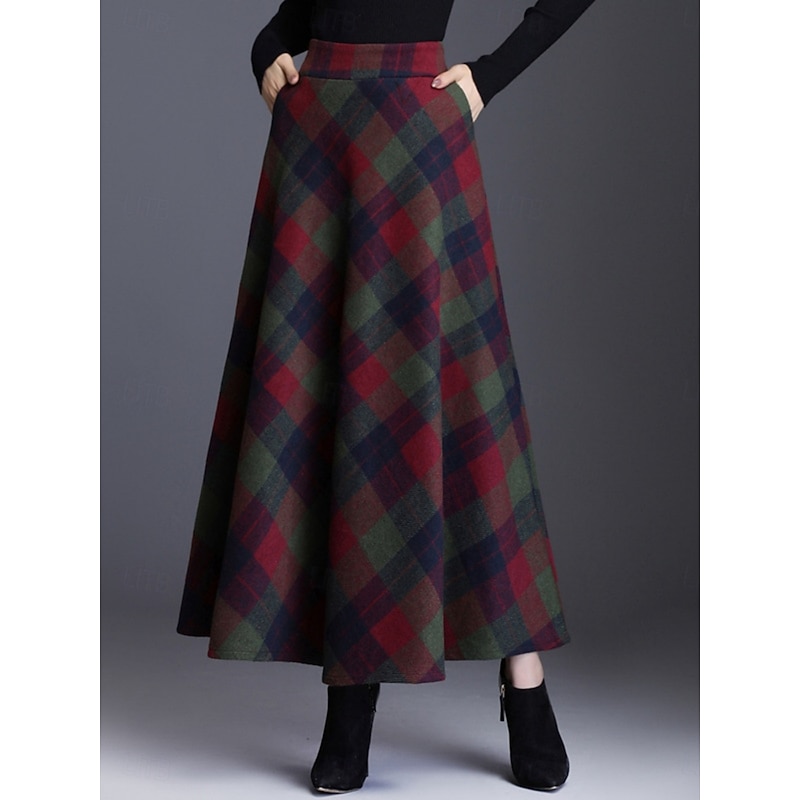 Women's Skirt A Line Elegant Fashion Maxi High Waist Skirts Plaid Pocket Print Micro-elastic Christmas Street Red Blue Green Khaki Spring Polyester