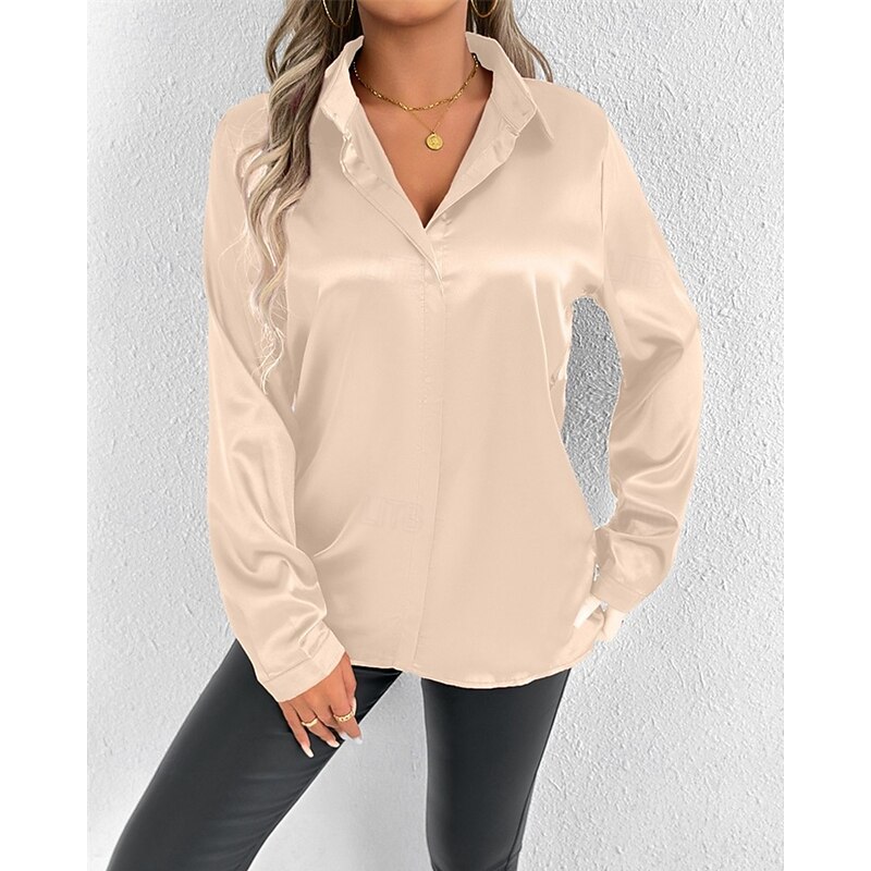 Women's Shirt Elegant Dressy Satin Solid Color Stylish Casual Long Sleeve Shirt Collar Regular Tops Daily Going out Buttons Black White Beige Spring Fall3