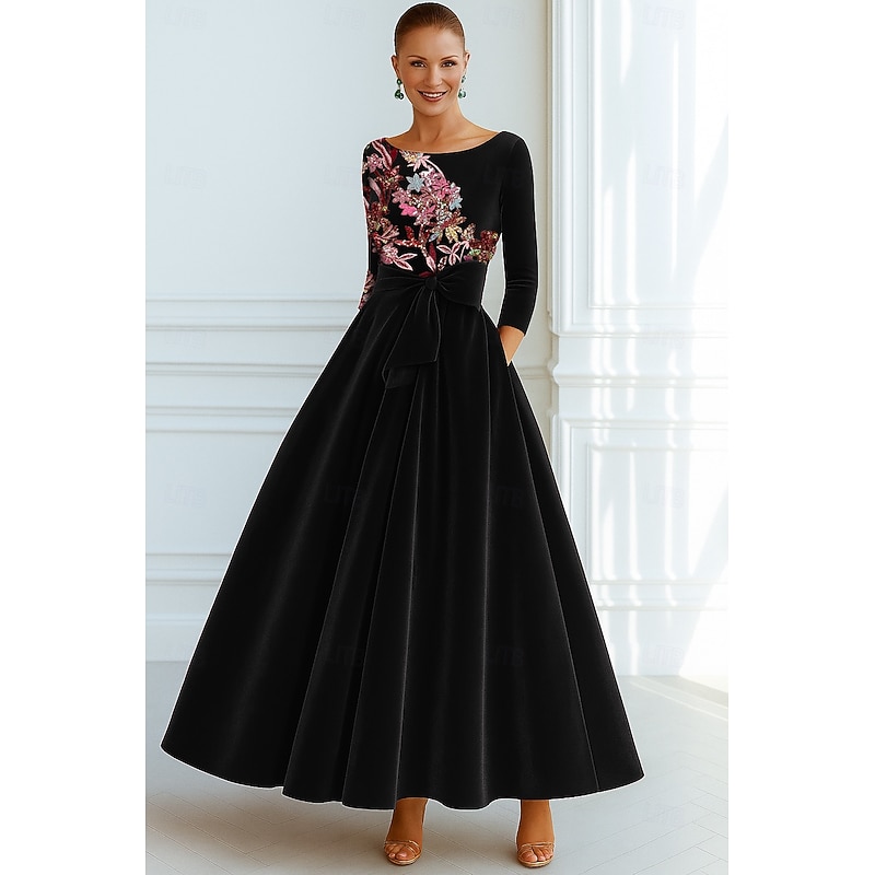 Black Green Velvet Embroidered A-Line Evening Gown Elegant Formal Dress Formal Wedding Floor Length 3/4 Length Sleeve Crew Neck Pocket with Bow(s) Pocket 20253