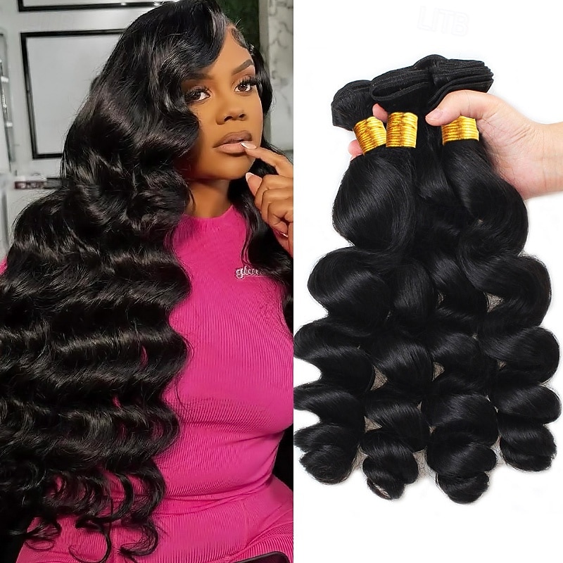 Loose  Wave Bundles Human Hair (18 18 20 20 Inches Loose Wave 4 Bundles) Brazilian Human Hair Bundles 1B Color for Women