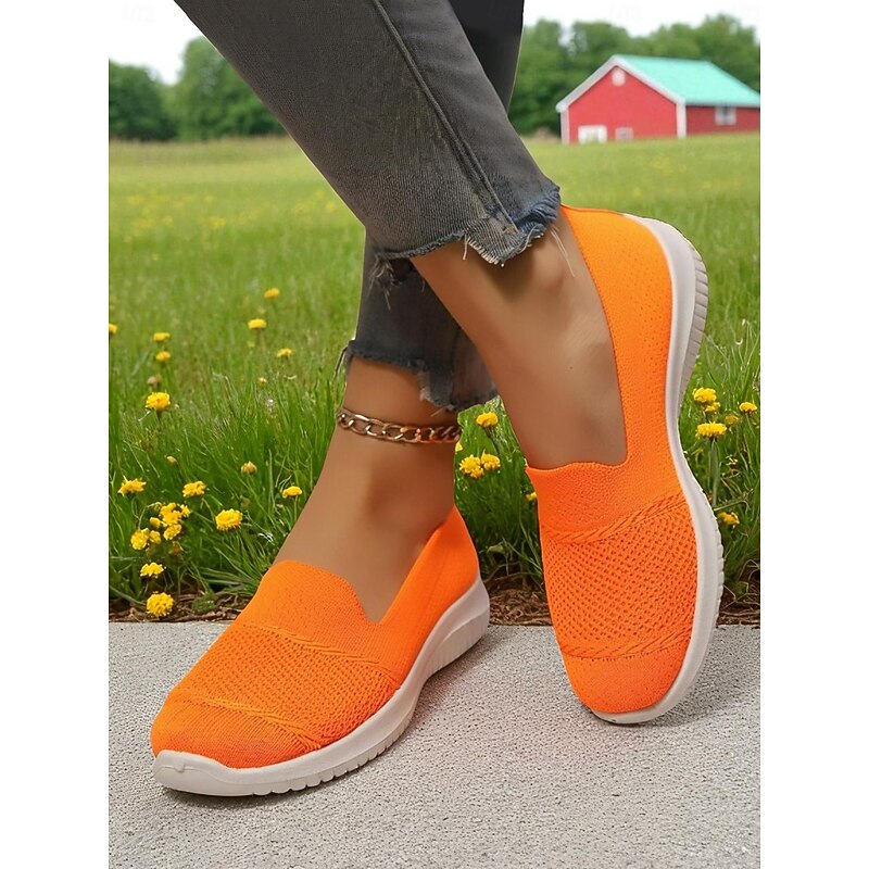 Women's Bright Orange Flyknit Slip-On Sneakers – Lightweight Breathable Walking Shoes for Daily Casual and Travel
