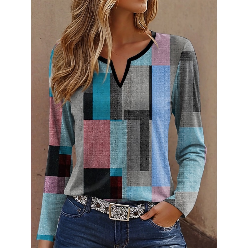 Women's T Shirt Graphic Geometric Vintage Stylish Casual Long Sleeve Notched Neck Regular Tops Daily Weekend Print Yellow Blue Purple Green Spring Fall Winter
