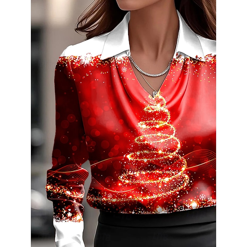Christmas Women's Shirt Ombre Graphic Christmas Tree Elegant Stylish Casual Long Sleeve Cowl Neck Regular Tops Work Party Evening Wear Daily Ruched Draped Wine Fall Winter2