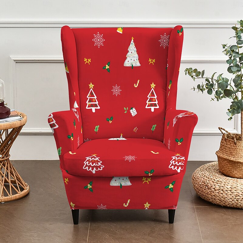 Christmas Wingback Chair Cover, Floral / Striped / Geometric Printed Polyester Slipcover, Holiday Decorative Chair Protector for Home4