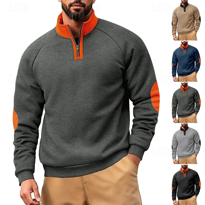 Men's Sweatshirt Pullover Quarter Zip Sweatshirt Black Navy Blue Khaki Light Grey Dark Gray Standing Collar Plain Patchwork Color Block Sports & Outdoor Casual Daily Streetwear Cool Sportswear Spring