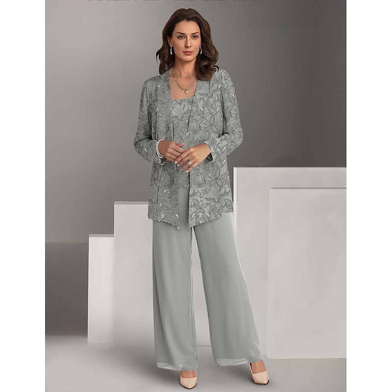 Formal Pantsuit Beach Wedding 3 Piece Mother of the Bride  Elegant Jewel Neck Chiffon Long Sleeve Wrap Included Lace Embroidery Solid Color