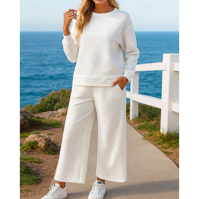 Women's Sweatpants 2 Piece Tracksuit Sportswear Wide Leg Solid Colored Clothing Suit Fall Black White Outdoor Travel Sports Moisture Wicking Long Sleeve Sport Activewear Micro-elastic Regular Fit3