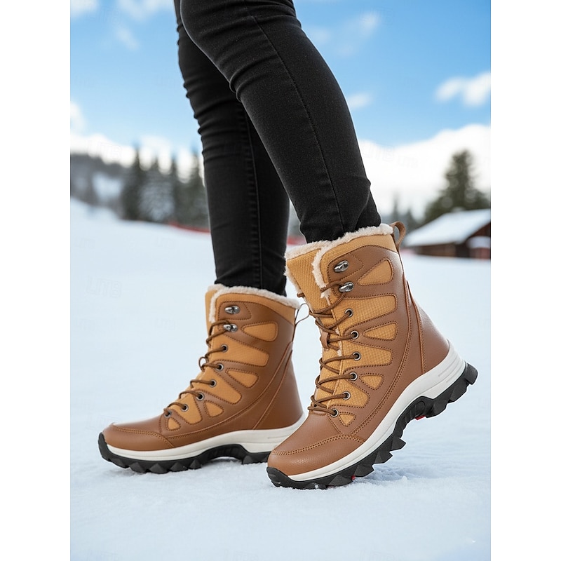 Women's Khaki Waterproof Winter Snow Boots with Fur Lining – Warm Lace-Up Outdoor Shoes for Cold Weather & Ski Trips