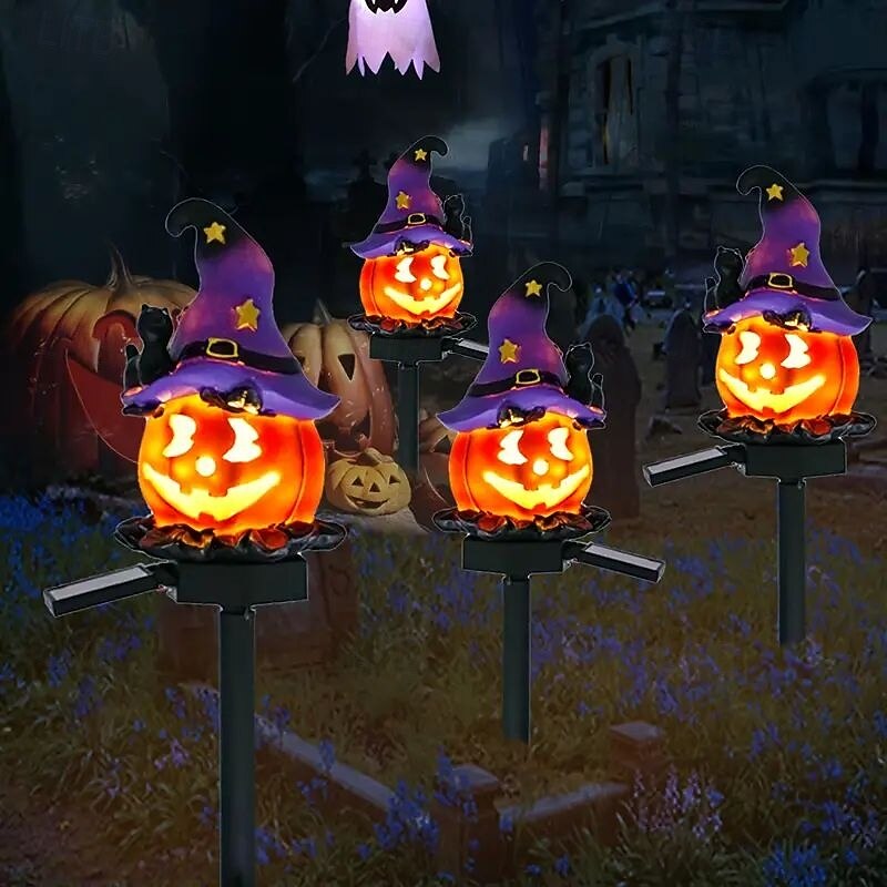 2 Pcs Halloween Solar Ground Lights Outdoor Resin Pumpkin Lantern Wizard Hat Ghost Light Outdoor Lawn Lights Waterproof for Yard Path Cemetery Garden Haunted House Party Decoration3