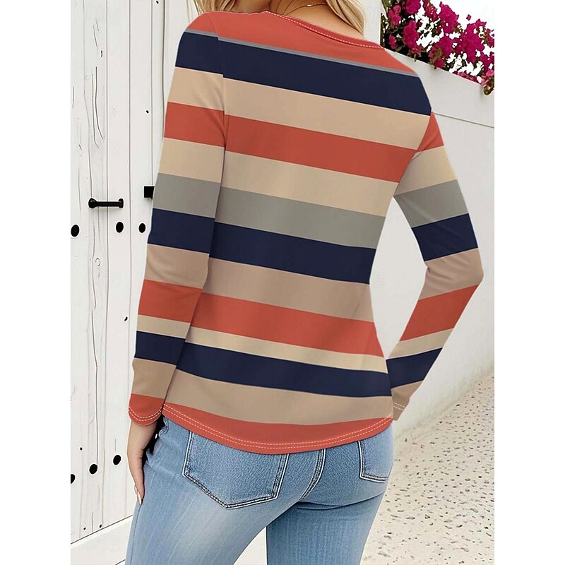 Women's T Shirt Graphic Plaid Striped Elegant Vintage Stylish Long Sleeve Crew Neck Round Neck Regular Tops Daily Buttons Print Tiered Orange Spring Fall Winter2
