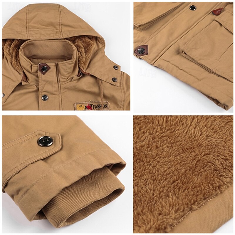 Men's American Flag Fleece Jacket Military Jacket Parka Thermal Warm Thicken Casual Outdoor Home Detachable Hood Multiple Pockets Coat Outerwear Fall Winter Hooded Long Sleeve khaki4