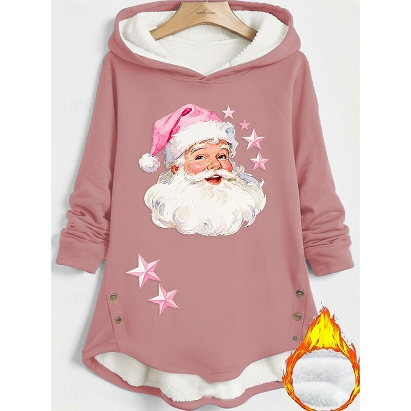 Women's Pullover Hoodie Sweatshirt Santa Claus Warm Casual Long Sleeve Hooded Long Tops Street Dailywear Holiday Buttons Print Black Dark Pink Blue Fall Winter3