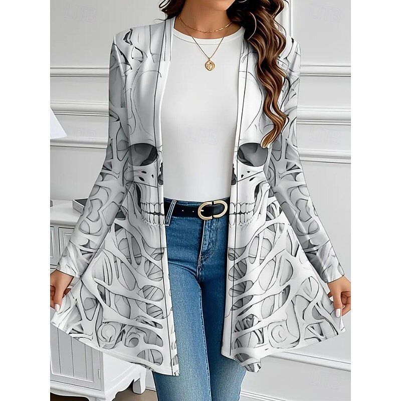 Halloween Women's Coat Lightweight Comfortable Skulls Print Vintage Artistic Casual Skull Casual Long Collarless Regular Fit Long Sleeve Outerwear Black White Brown Spring Fall4