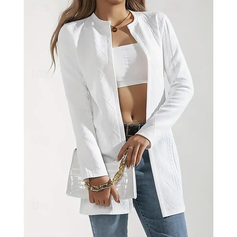 Women's Casual Jacket Comfortable Breathable Jacquard Fashion Daily Plain Outdoor Casual Daily Single Breasted Regular Crewneck Regular Fit Long Sleeve Outerwear Black White Spring Fall2