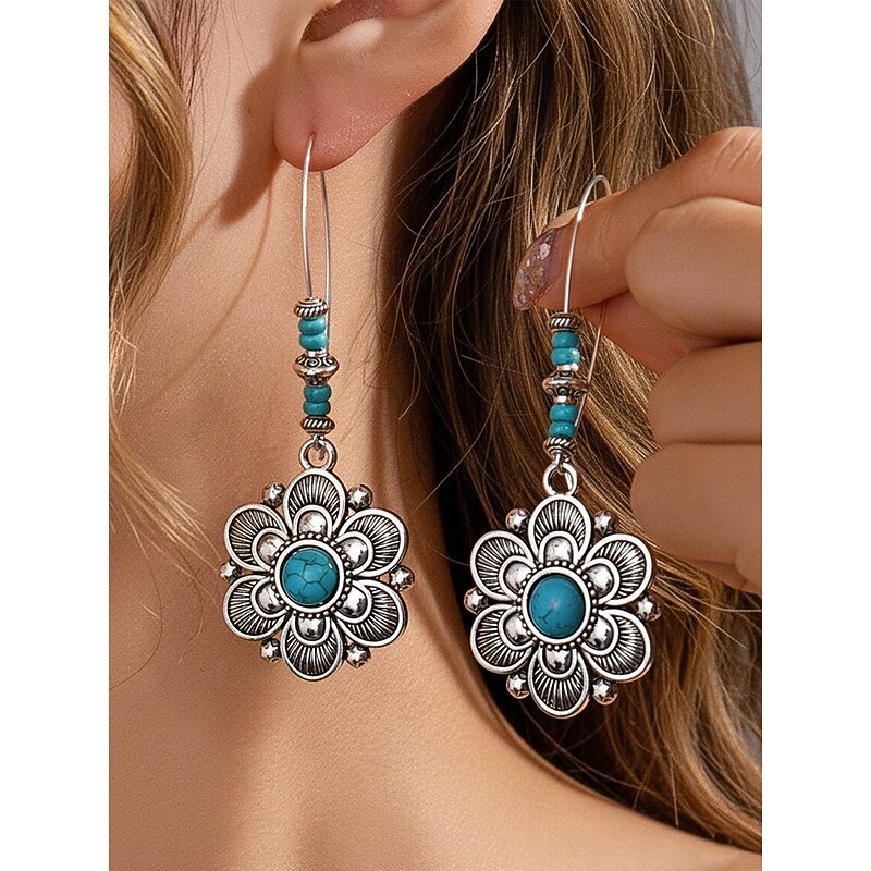 Women's Bohemian Flower Dangle Earrings with Turquoise Stone, Vintage Alloy Drop Earrings for Casual Wear, Beach and Parties