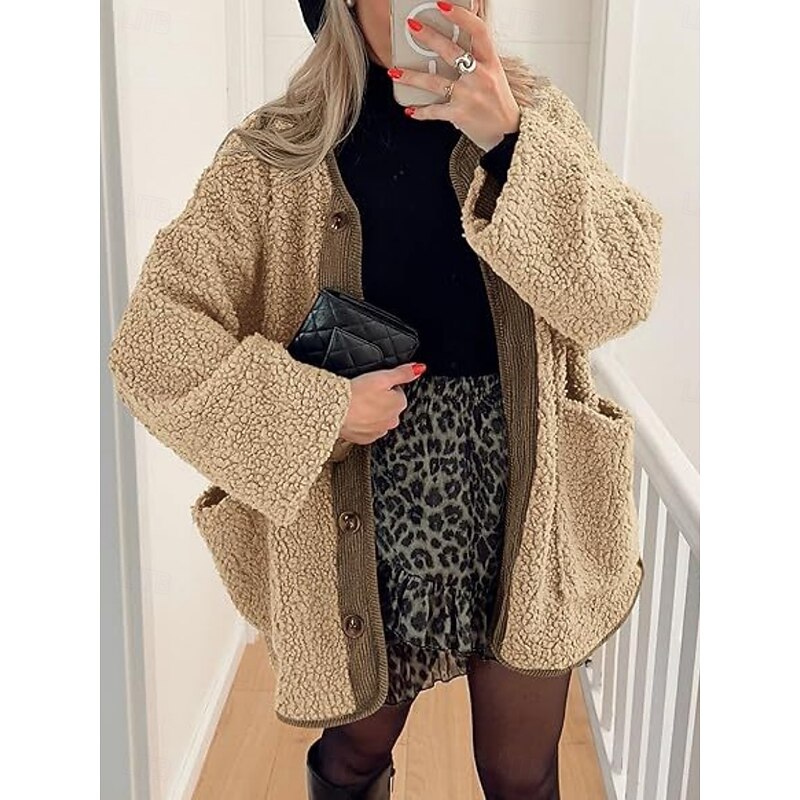 Women's Winter Coat Teddy Coat Comfortable Breathable Pocket Buttons Casual Plain Vacation Street Casual Daily Wear Single Breasted Regular Turndown Loose Fit Long Sleeve Outerwear Black Wine Brown3