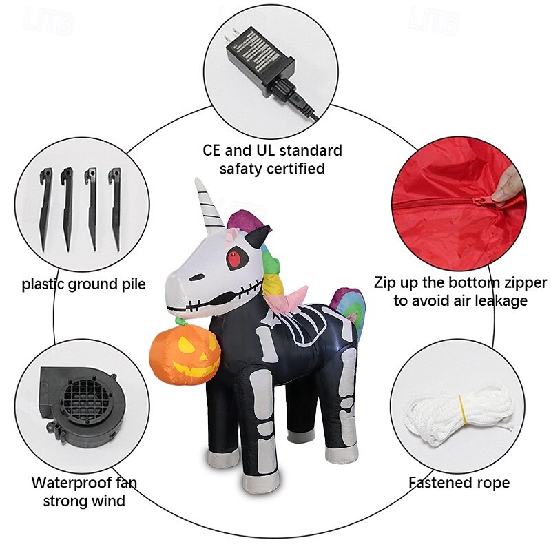 1 Pc 1.5M/5FT Halloween Color Skeleton Unicorn Pumpkin LED Inflatable Air Model Indoor and Outdoor Courtyard Garden Party Halloween Festival Atmosphere Decorative Light EU/US/UK/AU Plug4