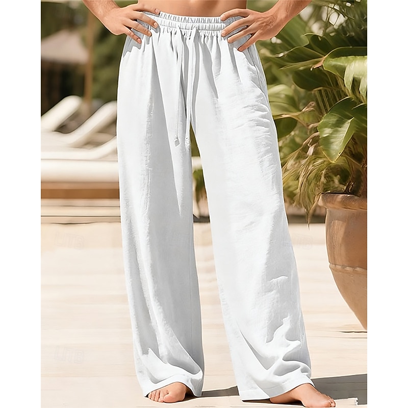 Men's Linen Pants Trousers Summer Pants Beach Pants Drawstring Pocket Elastic Waist Plain Comfort Breathable Vacation Daily Holiday Hawaiian Boho ArmyGreen Black