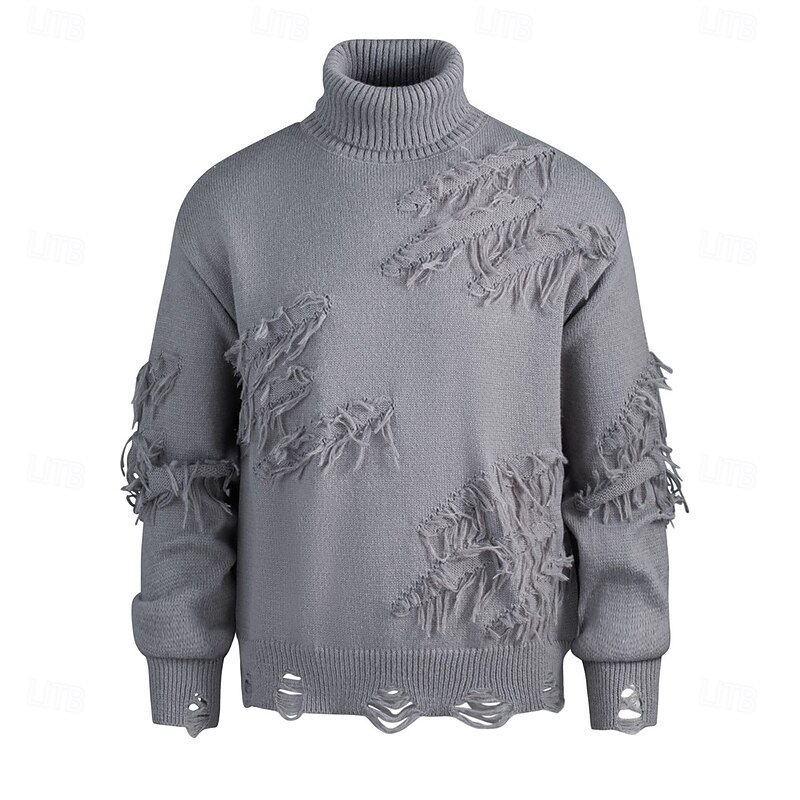 Men's Pullover Sweater Jumper Knit Sweater Ribbed Knit Regular Tops Knitted Ripped Plain Turtleneck Fashion Basic Vacation Daily Wear Clothing Apparel Fall Winter Black Beige M L XL2